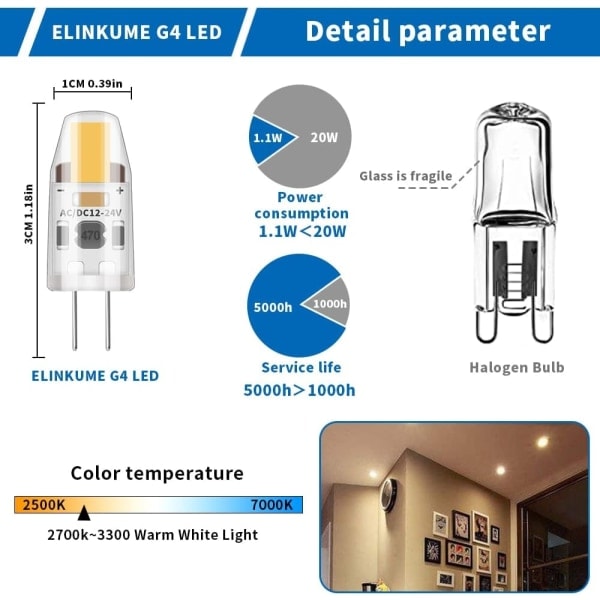 10 st LED G4 dimbara glödlampor, 2W, varmvit, AC/DC 12-24V - Perfet