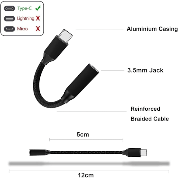 USB C Hovedtelefonadapter, USB C til 3,5 mm Jack Adapter Type C Aux Adapter Hi-Fi DAC Chip Kompatibel til Galaxy S20 (Sort)