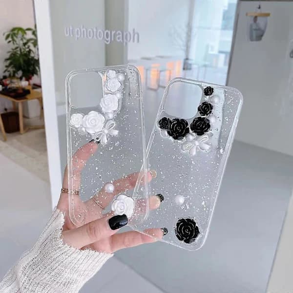 For iPhone 11 3D Perlerosett Rose Glitter Epoxy TPU Telefondeksel