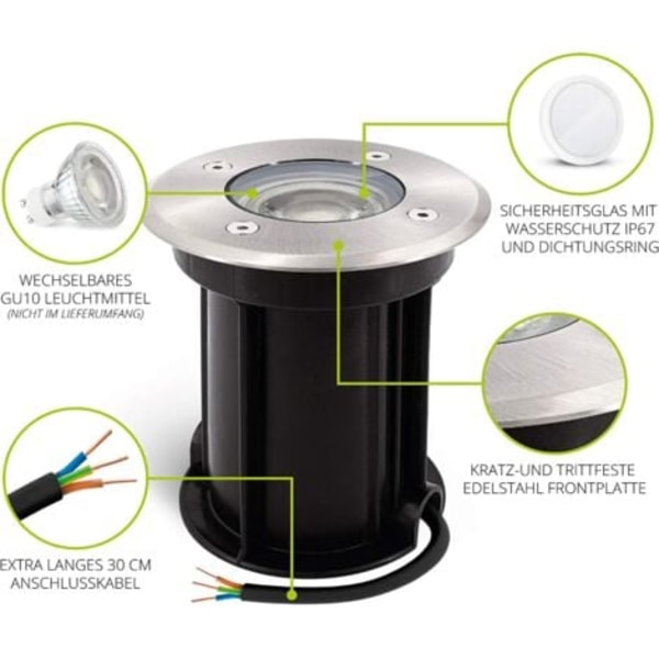 TS-Boru Rund infälld markspotlight för GU10 - Borstad look - IP67-kabel förinstallerad，Ø 110mm  130mm（Glödlampa ingår ej）