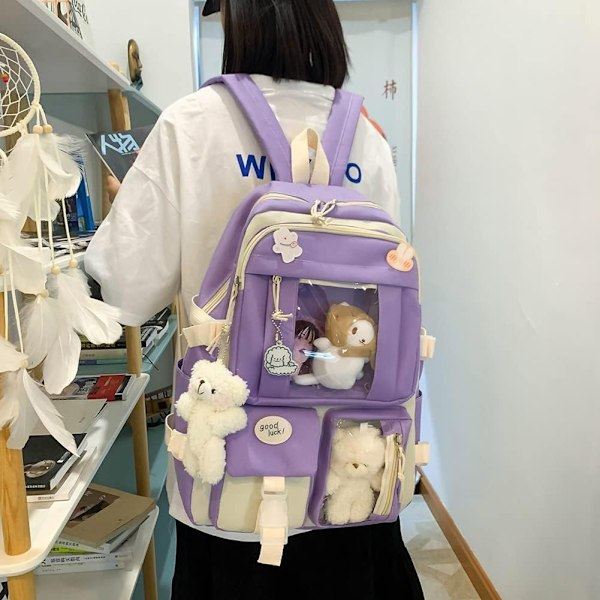Canvas skolväska set, kawaii skolflicka ryggsäck blå - WELLNGS blå
