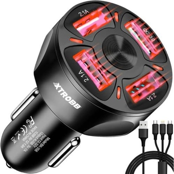 Biloplader + Kabel - 12V Oplader - 4 Porte