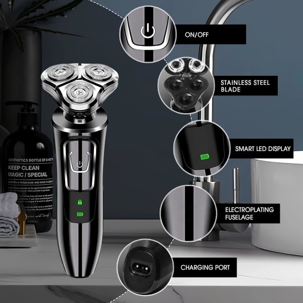 Elektrisk barbermaskin for menn, IPX7 oppladbart skjeggtrimmer for menn, D