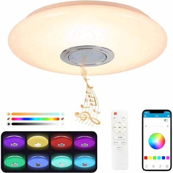 TS-Plafonnier Led 36W med Bluetooth-högtalare, Färgskiftande Taklampa, Fjärrkontroll och Mobilapplikation, 3600LM, 3000-6500K, I