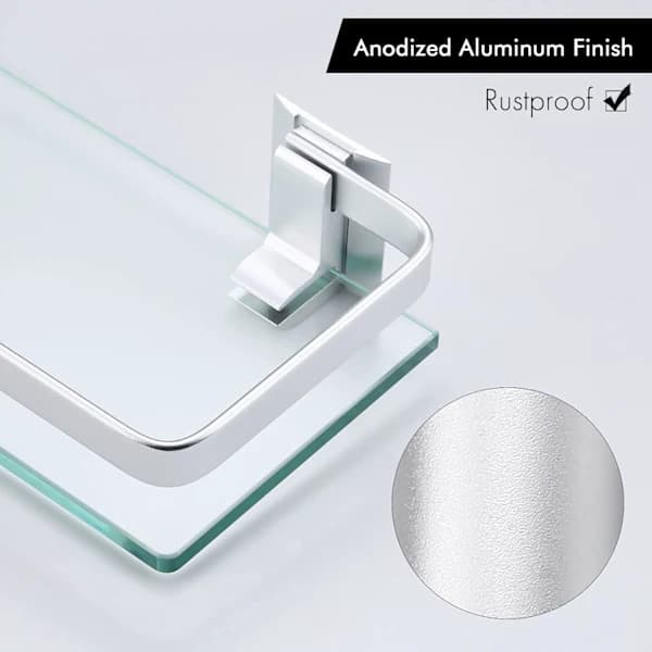 Badrumshylla i aluminium med härdat glas, rektangulär, 1 lager, extra tjock, silver sandblästrad, väggmonterad