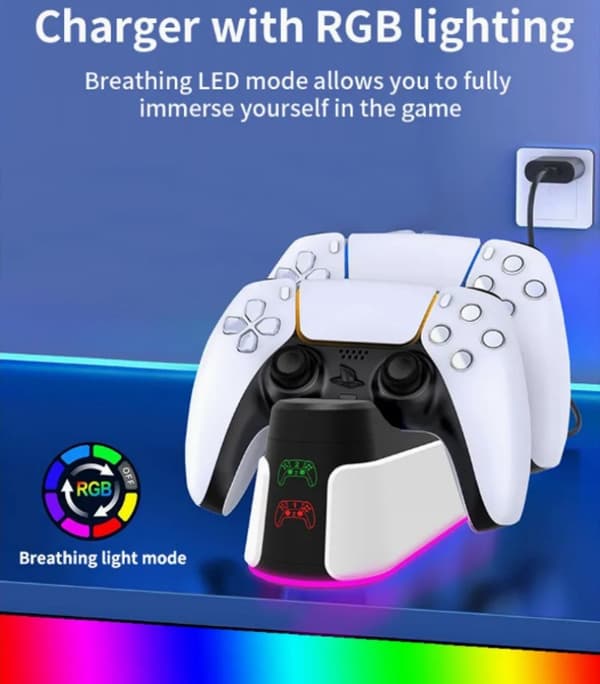 PS5 Controller Opladerstation, Dobbelt Hurtig Opladerstander Med RGB Lys Og LED-indikator til Sony PlayStation 5, Sort
