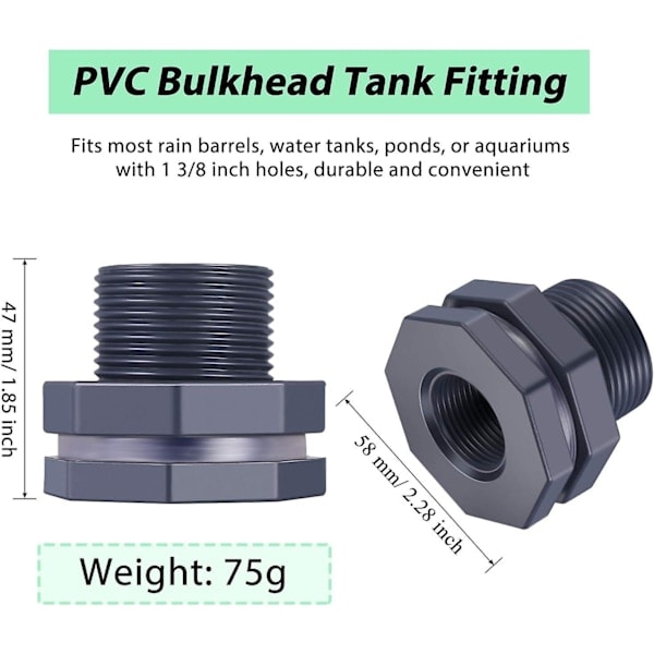 2 stk PVC-gjennomføringer for regntønner, akvarier, vanntanker (3/4 tommer)