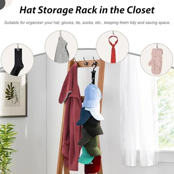2 Pieces Hat Storage, Practical Hat Rack, Baseball Cap Storage with 16 Stainless Steel Clips, Hanging Hat Organizer with 2 Self-Adhesive Hooks