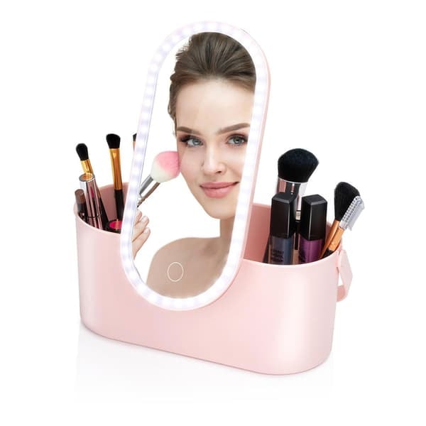 TS-Bærbar Makeupspejl med LED og opbevaring - Pink