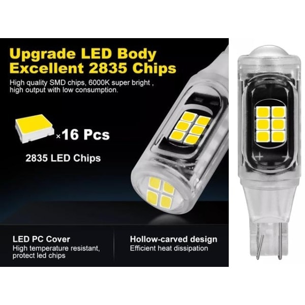 T15 W16W 921 906 baklys LED 500 lumen 16x chip 6000K 2 stk. - Perfekt hvid