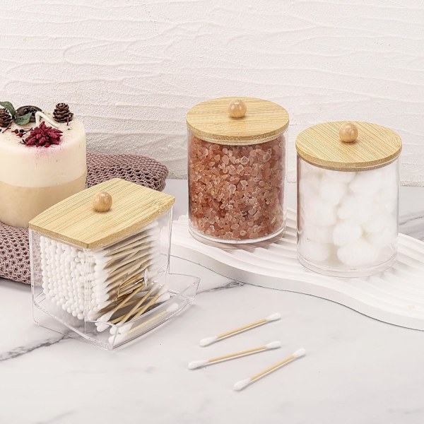 Badrumsförvaring, 10/12 oz Bomullsbollshållare, Medicinflaska Organizer för Bomullsrondeller, Bomullsrunda Kuddar, Tandtrådspinnar (Beige Bambulucka)