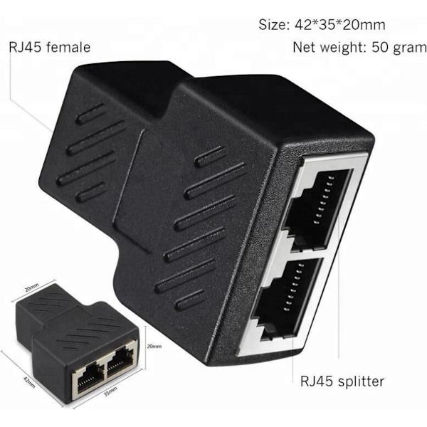 RJ45 Splitter 1 til 2 Netværksadapter - Stik - LAN