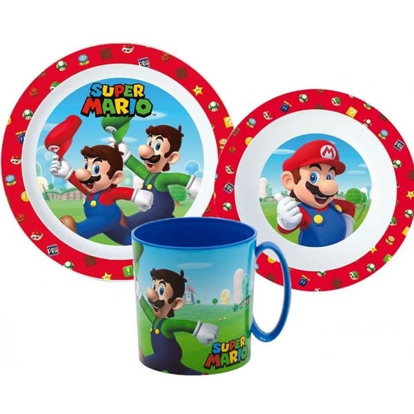 Super Mario lautaset ja mukit setti, mikrohiukkassetti 350 ml mukilla