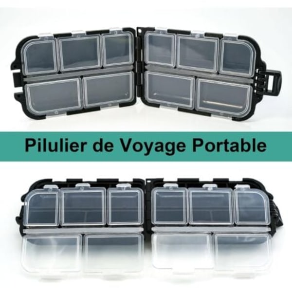 TS-Pillerask, Rese Medicinbox med 10 Fack, Mini Tablettask, Pillbox (Svart)