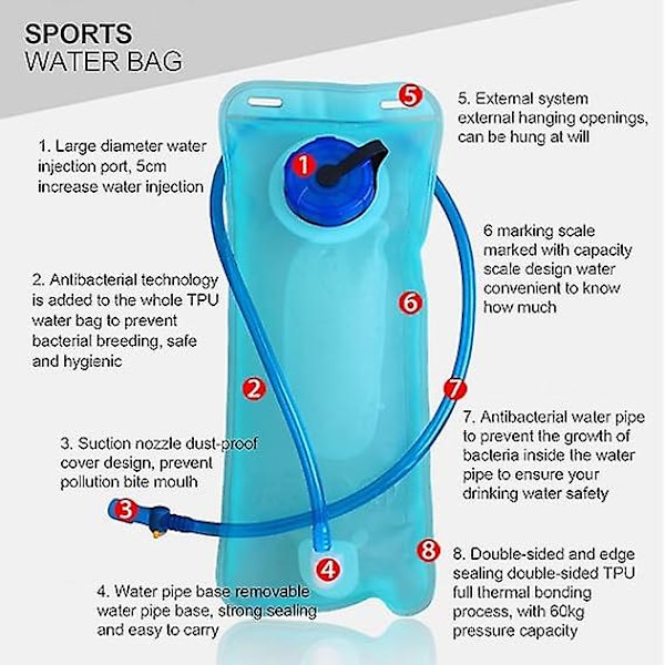 2L Cycling and Hiking Water Bladder, Leak Proof Travel Water Storage Bag, Water Reservoir with Insulated Tube