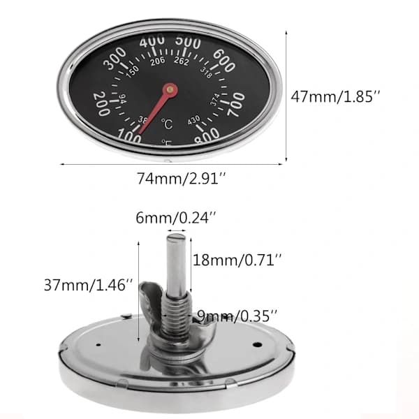 Oval BBQ-termometer i rustfritt stål varmeindikator erstatning for kullgrill 100 til 800°F sølv