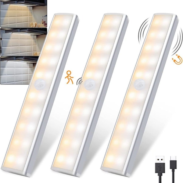 Skapbelysning med bevegelsessensor 10 LED USB oppladbar magnetisk