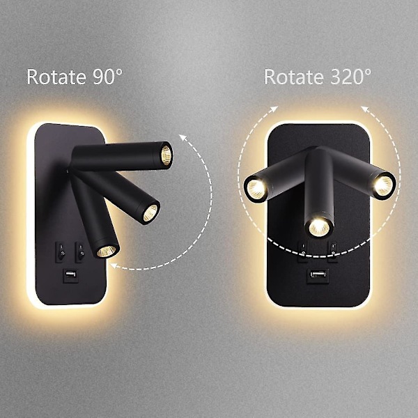 Justerbar LED-væglampe med USB-ladeport - Stemningsbelysning til soveværelset, sengelampe med kontakt (sort)