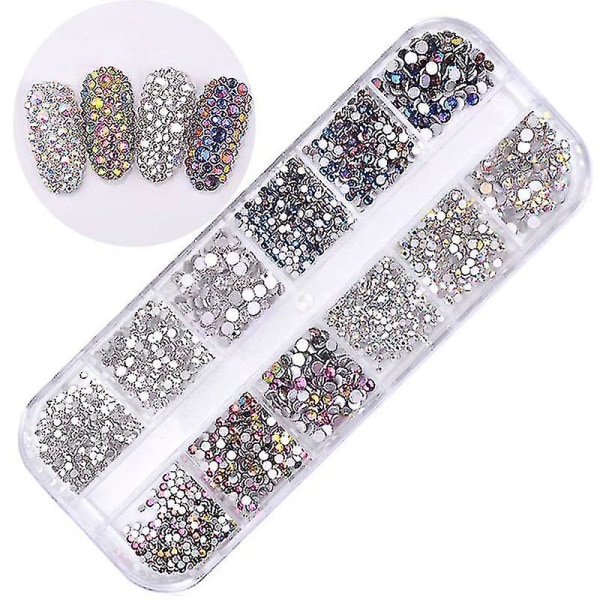 12 lådor/ set Ab-kristall-rhinestones, diamanter, ädelstenar, 3d-glitter Nail Art dekoration Skönhet