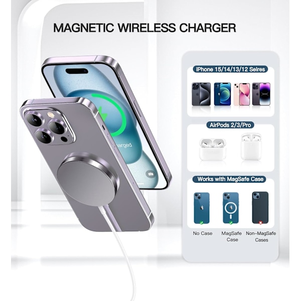 15W Magnetisk Trådløs Lader for iPhone 15/14/13/12 Serien | Hurtigladeplate for AirPods 3/2/ Pro 2 | Original Mag-Safe Erstatning