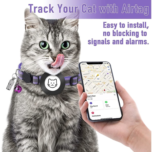 AirTag -katthalsband, Cat AirTag -halsband reflekterande, AirTag -katthalsband Justerbart med Bell-ID-namnetikett Purple