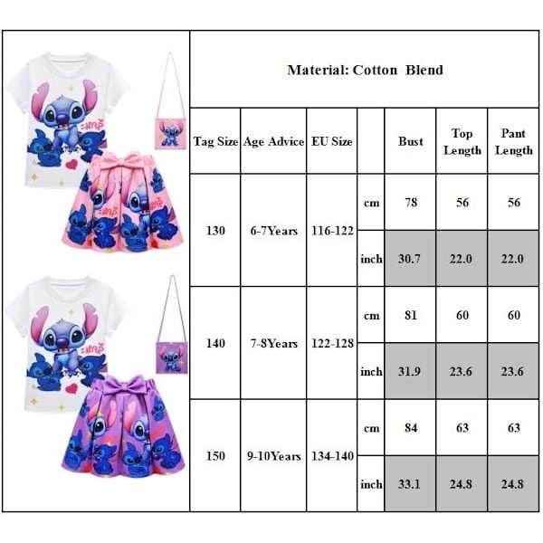Lilo & Stitch Cosplay Flickor Kostym T-shirt Kjol Väska Prinsessklänning Barnkläder Kläder Rosa-Xin Rosa 140cm