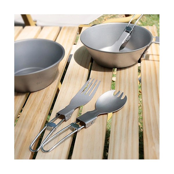 TS-Titanium Hopfällbar Sked Gaffel Utomhus Servis Utomhus Camping Köksredskap Hopfällt Bestick För Camping