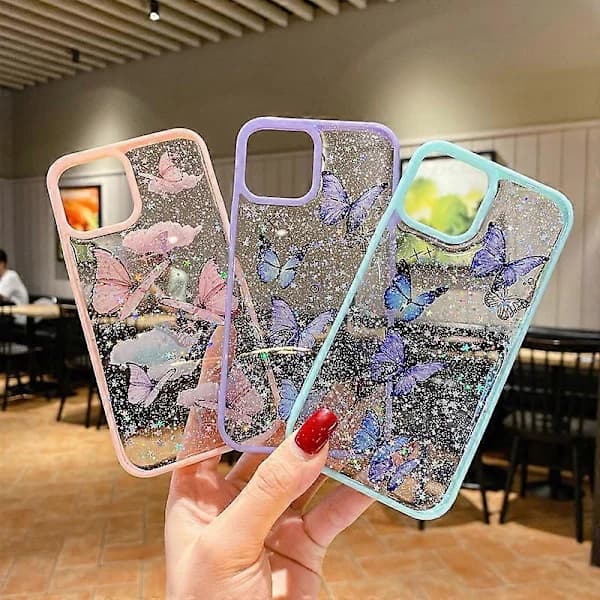 Kotelo iPhone 14 Pro Maxille, väri perhonen glitter epoksi TPU