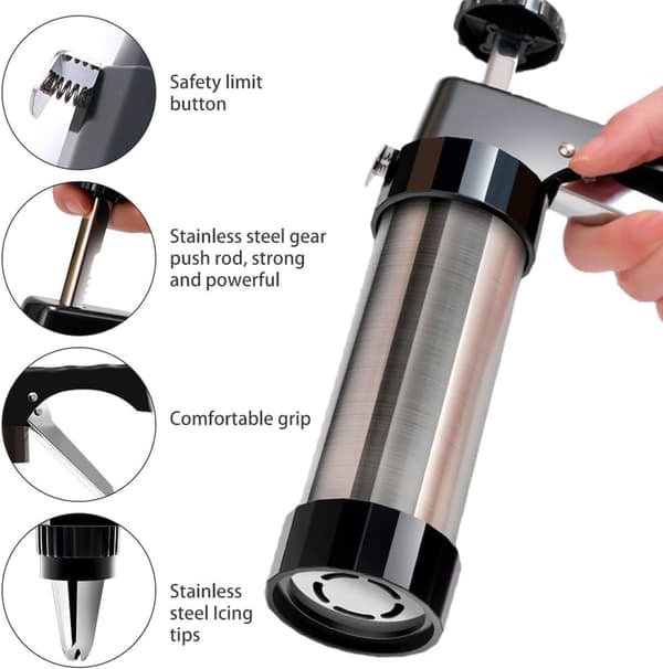 Kakekanonsett i rustfritt stål, 13 kakepressdisker og 8 glasurtupper, ergonomisk håndtak for baking av småkaker og kakepynting