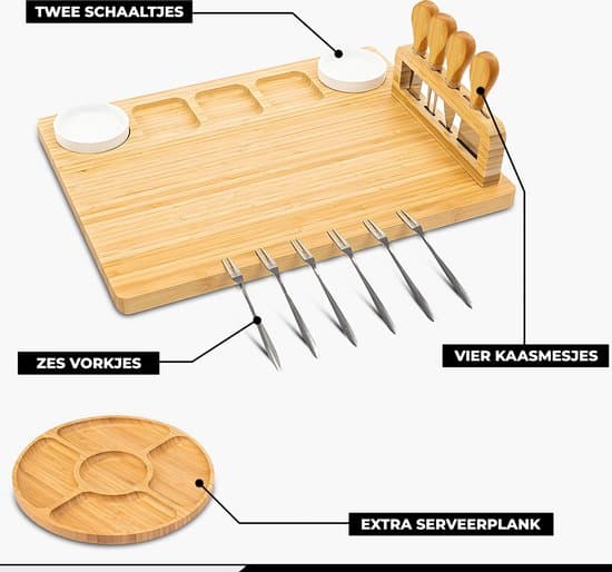 Set med charkuteribräda, ostbräda i bambu och knivset med 4 ostknivar, 6 gafflar, 2 såsskålar och extra serveringsfat för fester