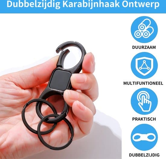Dobbelt-sidet karabinhage nøglering i metal med nøgleringe, Quick Release bilnøgleholder klips til mænd og kvinder, sort