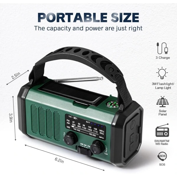 Nødradio med svinghjul, 10000mAh batteri - NOAA/AM/FM vejrradio - LED-lommelygte og læselampe - SOS alarm - WELLNGS