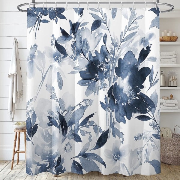 Akvarel planteblade med blomstermønster badeværelsesbruserforhæng Mørkeblå 180x180cm