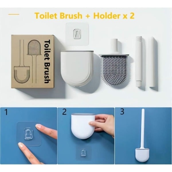 2-pakk vit musta silikoninen litteä wc-harja, wc-harja ja teline, seinäkiinnitettävä wc-harja, pehmeä geeliharjapää Ei kuollutta tilaa