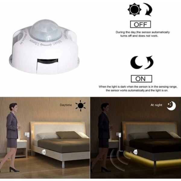 TS-3m varm hvid LED Natlampe, Fleksibel LED-strip med PIR bevægelsessensor - Komplet sæt med DC 12V transformer, IP65 vandtæt til seng