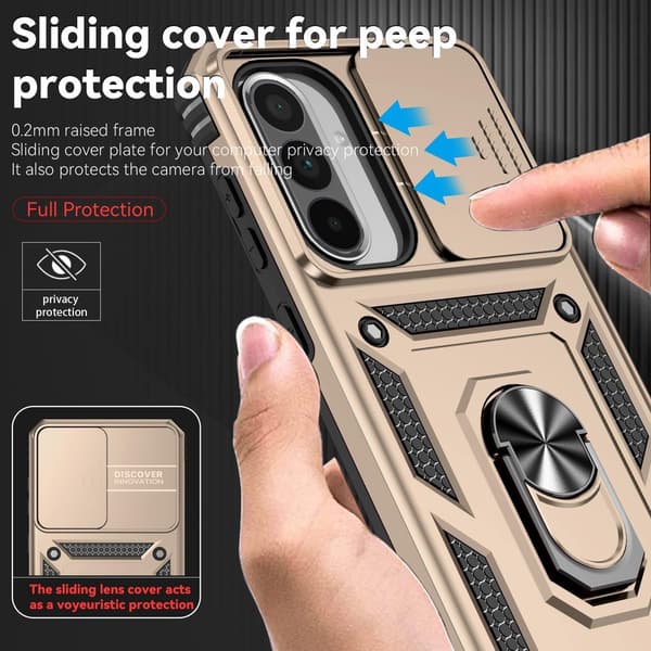 Samsung Galaxy A56 5G Telefondeksel, Støtsikker PC-rustning, Skyvbart Kameradeksel, 360° Ringstativ, Kompatibel med Bilfeste, Gull
