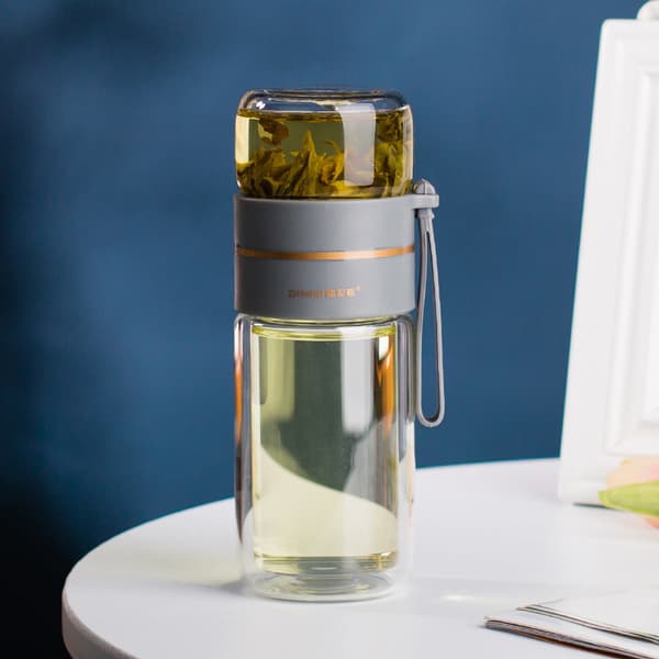 Glass tea bottle, double-walled with stainless steel strainer & lid 400ml
