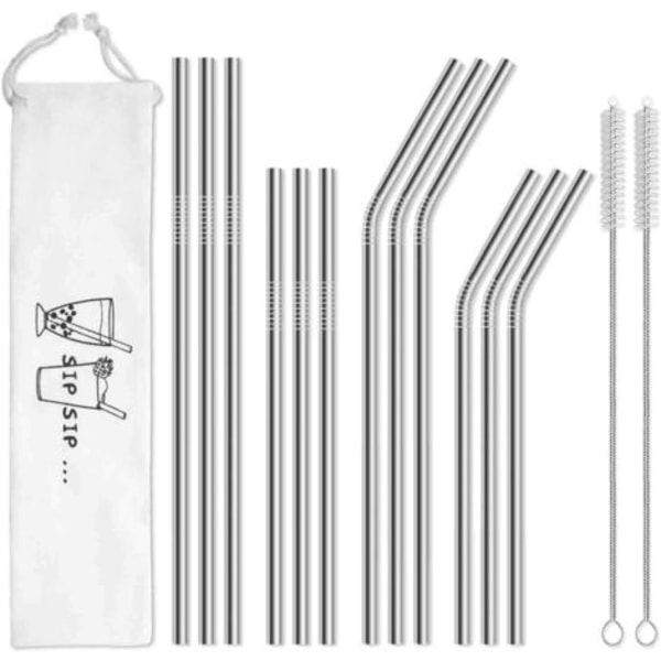 12 Pakk Gjenbrukbare Metallstrå i Rustfritt Stål med Etui - Lange Drikkestrå for 30oz og 20oz Tumblers - Yeti Oppvaskmaskinsikker - 2 Rengjøringsbørster