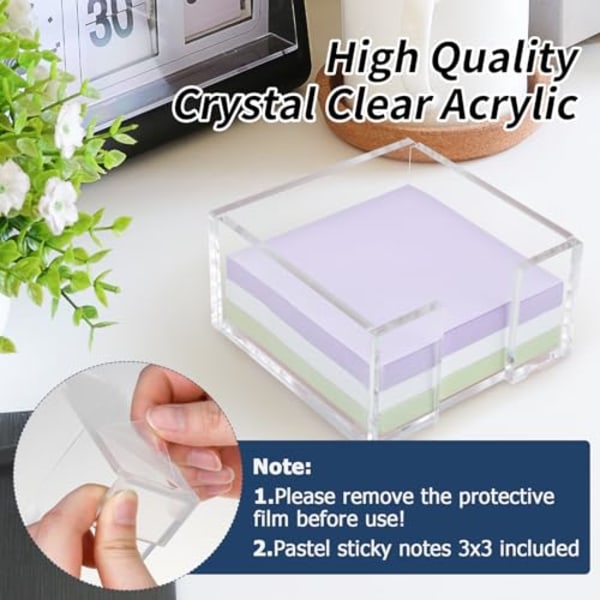 Akryl Sticky Note-Holder, 3 x 3 Klar Akryl Sticky Note-Dispenser med Pastell Sticky Notes för Sovsal och Skrivbordsförvaring