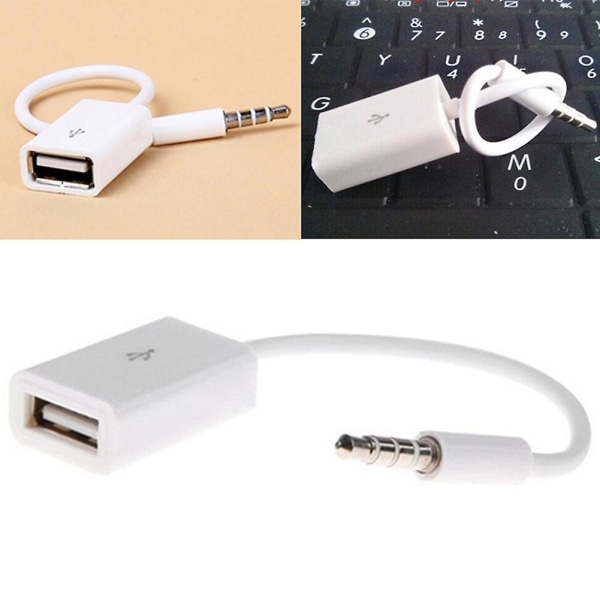 USB hona till 3,5 mm hanljudjack bil aux-adapterkabel omvandlarsladd (vit) (1 st)
