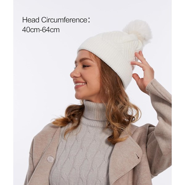 Dame Beanie, Varm Vinterlue, Plysjstrikket Lue, Varm Fleecefôret, Med Avtakbar Pompom, Egnet for Ski Utomhus