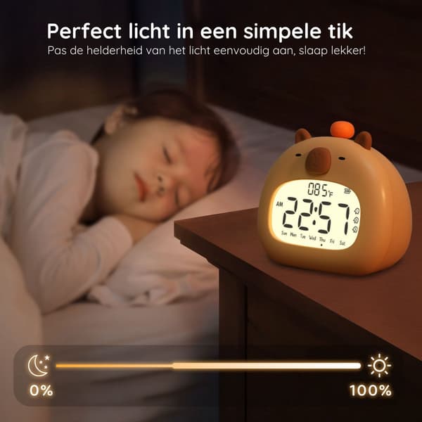 Digitalt vækkeur til børn, kapivar søvntræner med dæmpbart natlys, snooze og USB-C genopladeligt, til drenge og piger
