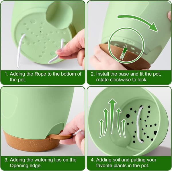 Selvvandende plantepotter sæt med 5, PP-plast med dræning og underskåle, til indendørs og udendørs planter, grøn, 12,7 til 17,8 cm