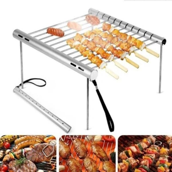 Bärbart hopfällbart grillgaller i rostfritt stål och aluminium för camping, grillning, picknick, silver silver