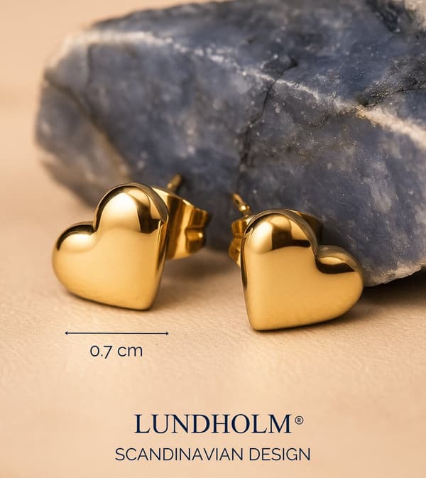 Lundholm Gull Hjerteørepynt for Kvinner, 7mm Rustfritt Stål Gullbelagt Hypoallergenisk Vanntett Mini Hjerteørepynt, Hverdags Smykkegave til Henne