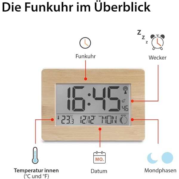 Radiostyrd digital klocka med DCF-tidssignal, äkta bambuhölje, LCD-display, termometer, väckarklocka och kalender. Batteri ingår