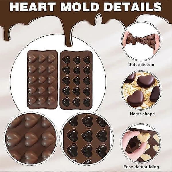 Silikonechokoladeforme, hjerteform 15 hulrum, silikoneform chokolade hjerte, non-stick isterningeform hjerte til chokolade, vingummi, slik, V 2 farver