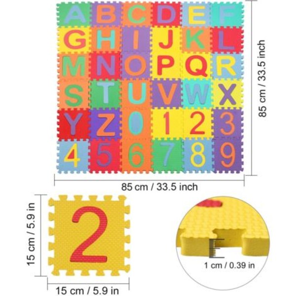 Pusselmatta Skumgummi Baby, 36 Delar Mattor 15cm x 15cm, Mycket Tålig Lekmatta för Barn, Alfabet & Siffror
