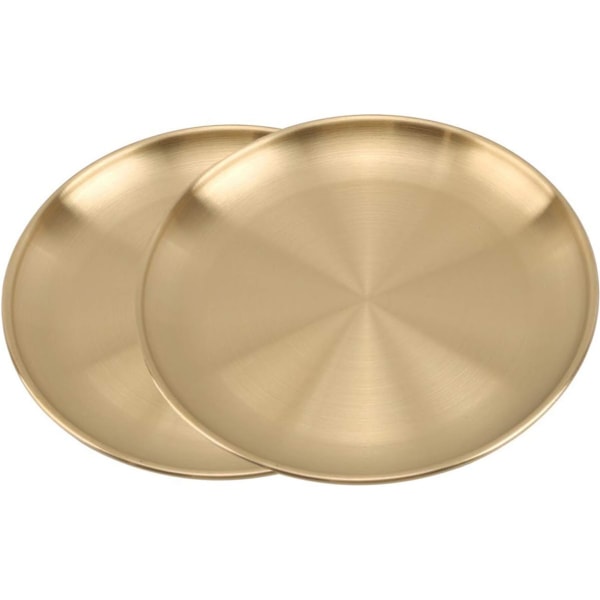 Guldtallrikar i rostfritt stål, runda maträtter 9-tums metalltallrikar, perfekta för picknick, utomhuscampingtallrik, splittringssäker och diskmaskinsäker (guld) (2 st)