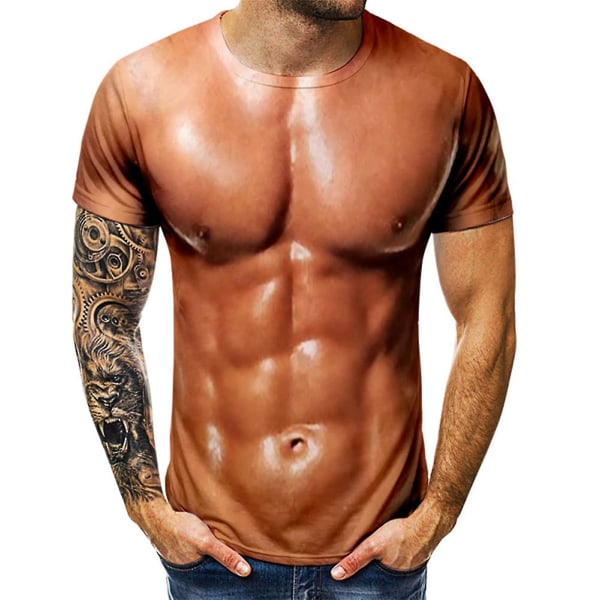 Herr 3d T-shirt Bodybuilding simulerad muskelskjorta naken hud bröstmuskel t-shirt 4XL
